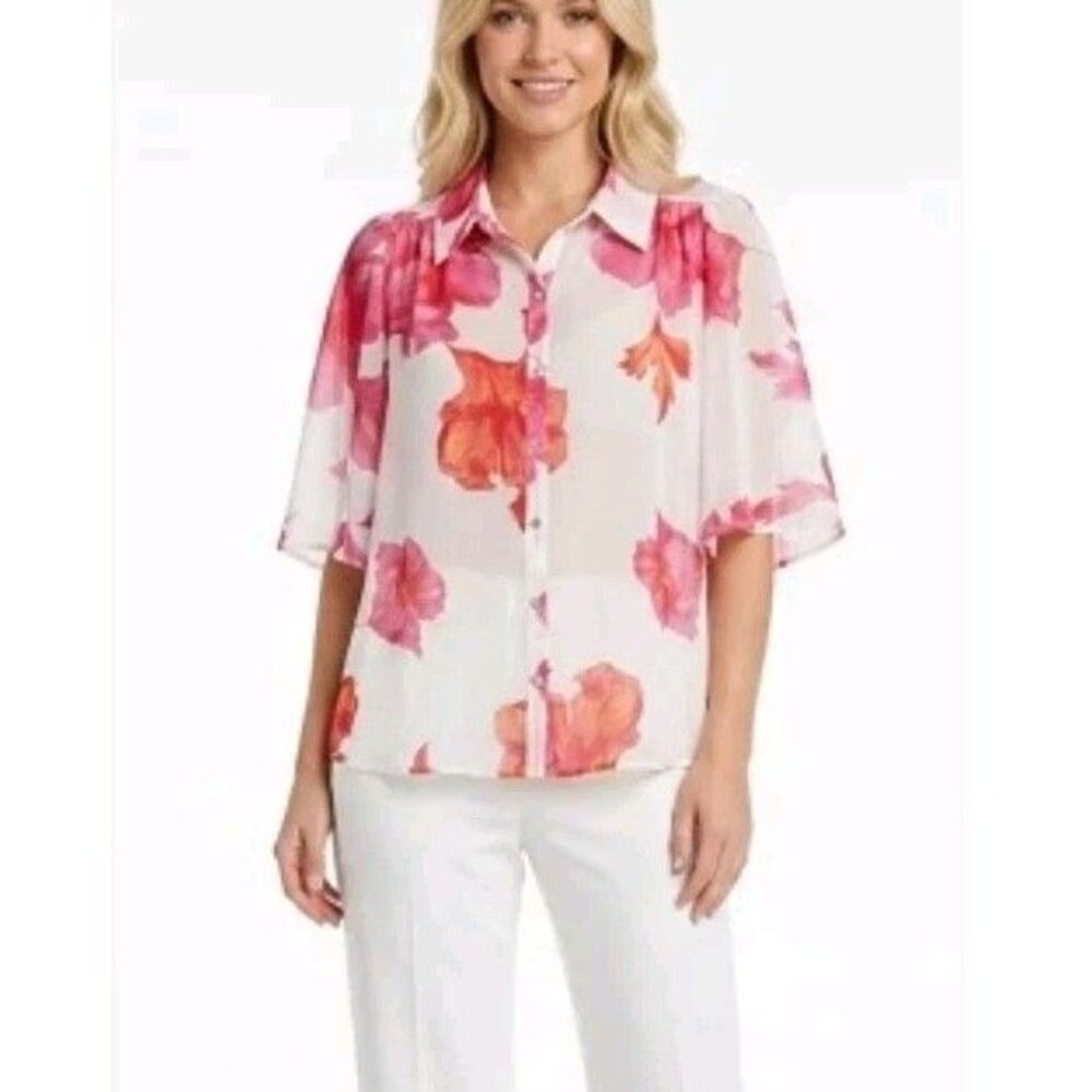 Zac & Rachel Blouse Womens XL Hawaiian Sheer Floral Pink Boho Resortwear Tropics